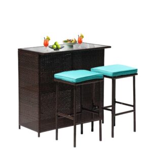 set of 3 outdoor bar set patio wicker counter height table set sturdy frame rattan bar table with glass table top storage shelves 2 bar stools for patio poolside porch outdoor indoor, blue