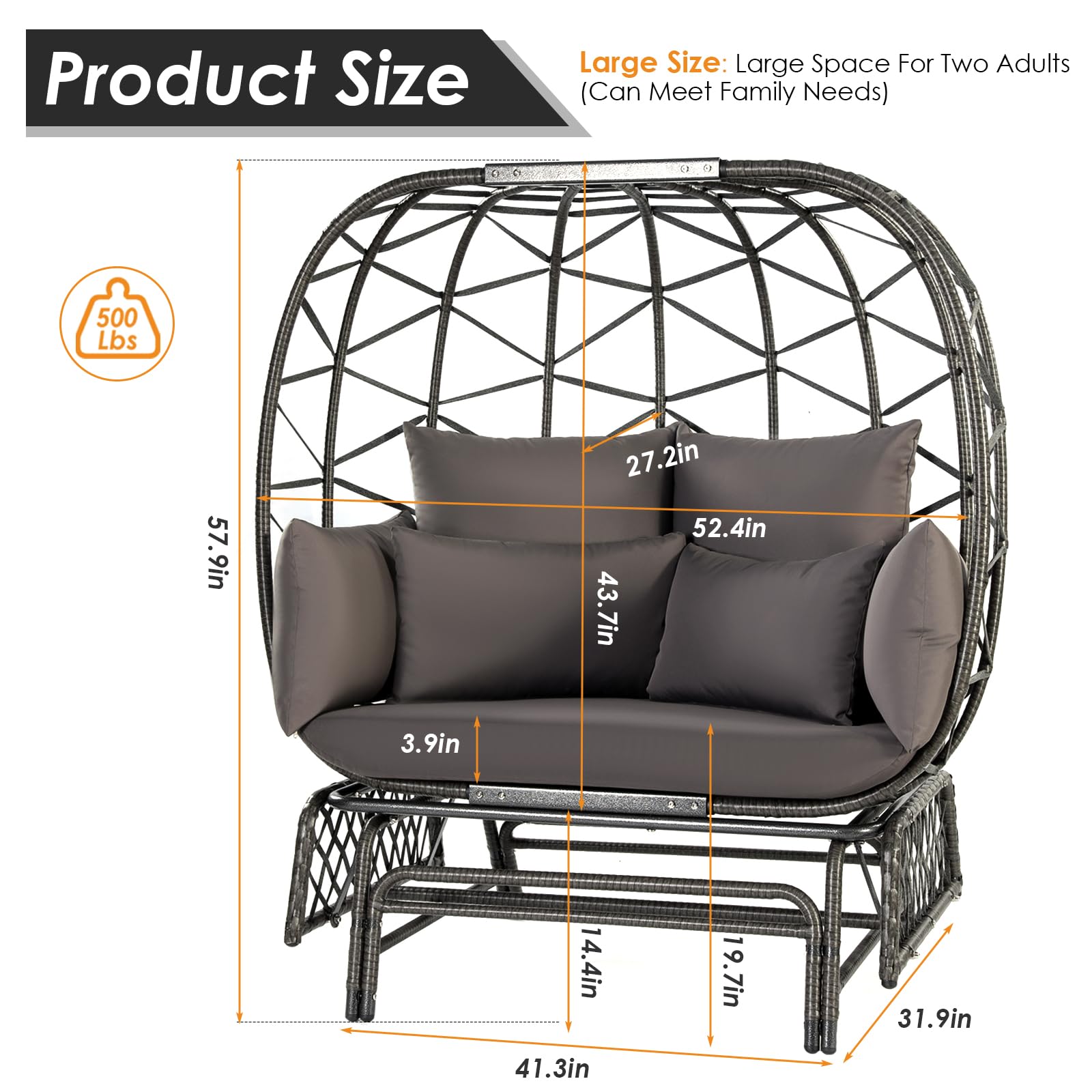 RADIATA Oversized Wicker Double Egg Chair w/ 7 Cushions 500lb Capacity Lounge Basket with Strong Heavy-Duty Steel Frame for Indoor Outdoor Patio Backyard Living Room (Gray)