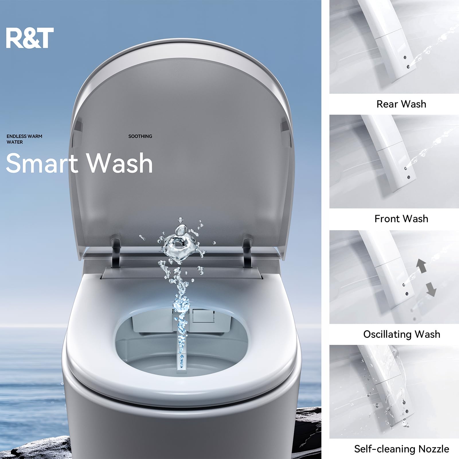 R&T Smart Toilet With Bidet Built In, One-piece Intelligent Toilet for Bathroom with Auto Flushing, Foot Sensor, Elongated Heated Bidet Seat, Remote Control Warm Water, Warm Air Drying Toilet