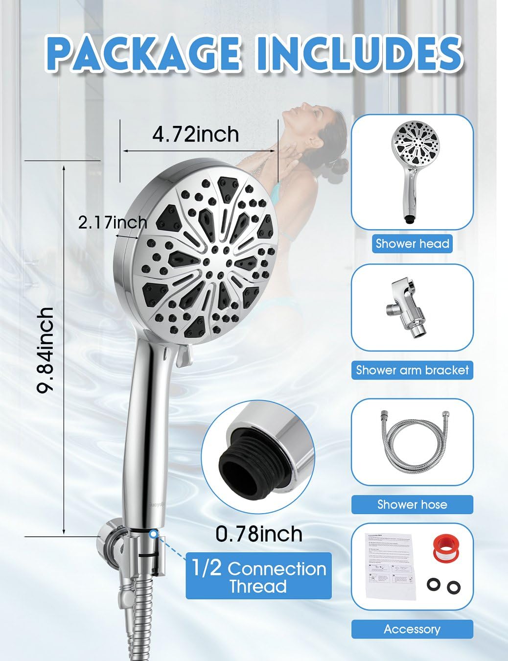 Shower Head,GUOYULJU Shower Heads with Handheld Spray Combo 10 Spray Modes,59Inch Hose,Shower Head with Handheld Adjustable Bracket,Built in Power Wash for bathroom,Tub & Pets,Water Efficient,Chrome