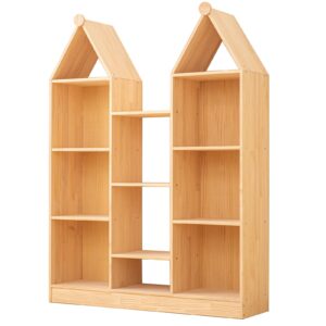 chubancraft 3 tier storage cabinet organizer wooden kids bookshelf toy shelf wood open display cabinet storage bookcase gift natural (45.27" l x 11.81" w x 59.84" h)