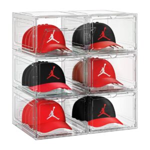 scavata 6 pack hat organizer box, stackable clear baseball caps holder box containers with magnetic door for hats snapback cap storag, hat rack display case, holds 8 hats each (clear)