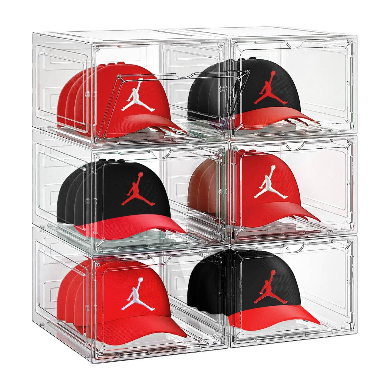 SCAVATA 6 Pack Hat Organizer Box, Stackable Clear Baseball Caps Holder Box Containers with Magnetic Door for Hats Snapback Cap Storag, Hat Rack Display Case, Holds 8 Hats Each (Clear)