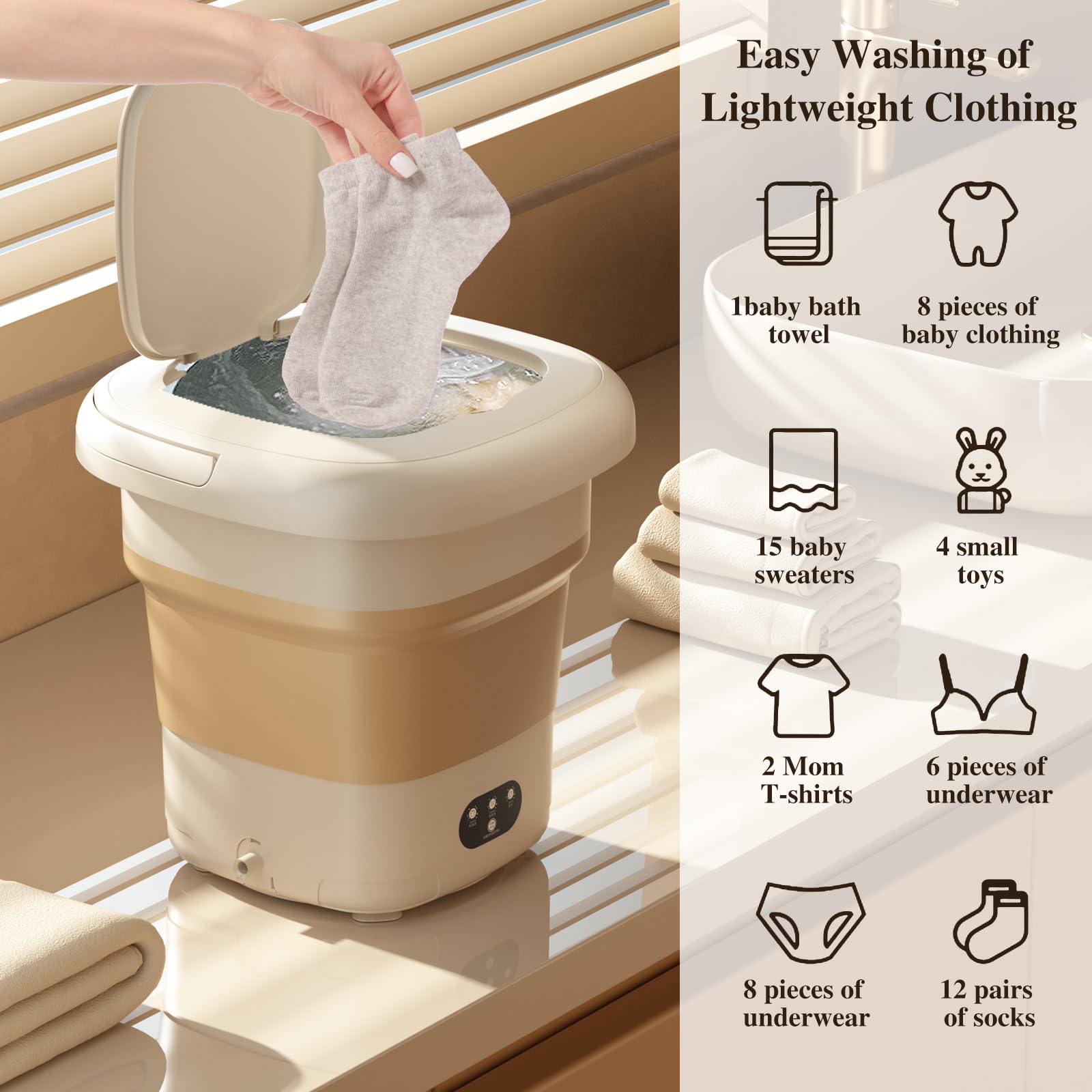 Portable Washing Machine,Mini Washer 9L High Capacity for Underwear,Baby Clothes,Socks,Pet Items and Small Items,Foldable Washing Machine for Apartments,Camping,Travel,Dormitory,Hotel (Cream)