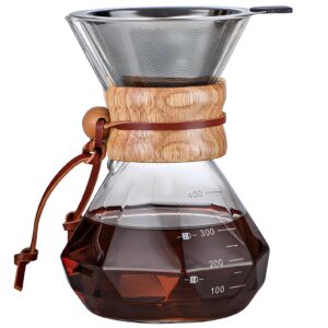 COFISUKI Pour Over Coffee Maker with Reusable Stainless Steel Drip Filter, Lead-Free Borosilicate Glass Coffee Carafe with Modern Wooden Collar for 1-2Cup, Diamond Clear (400ml/13.5oz)