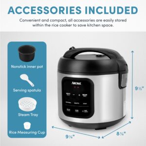 AROMA® Digital Rice Cooker, 4-Cup (Uncooked) / 8-Cup (Cooked), Steamer, Multicooker, Slow Cooker, Oatmeal Cooker, Auto Keep Warm, 2 Qt, Stainless Steel Exterior