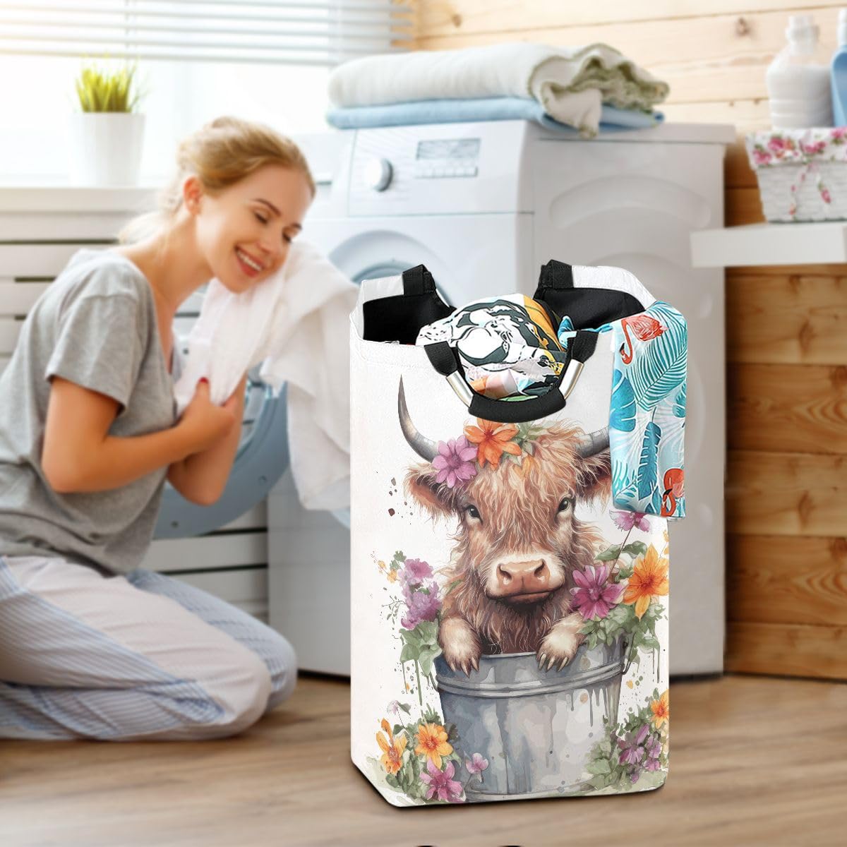 Highland Cow Large Laundry Hamper Basket Foldable Funny Tote Bag Laundry Hamper Clothes Storage Bucket Toy Organizer for Laundry, Bathroom, Home Decor