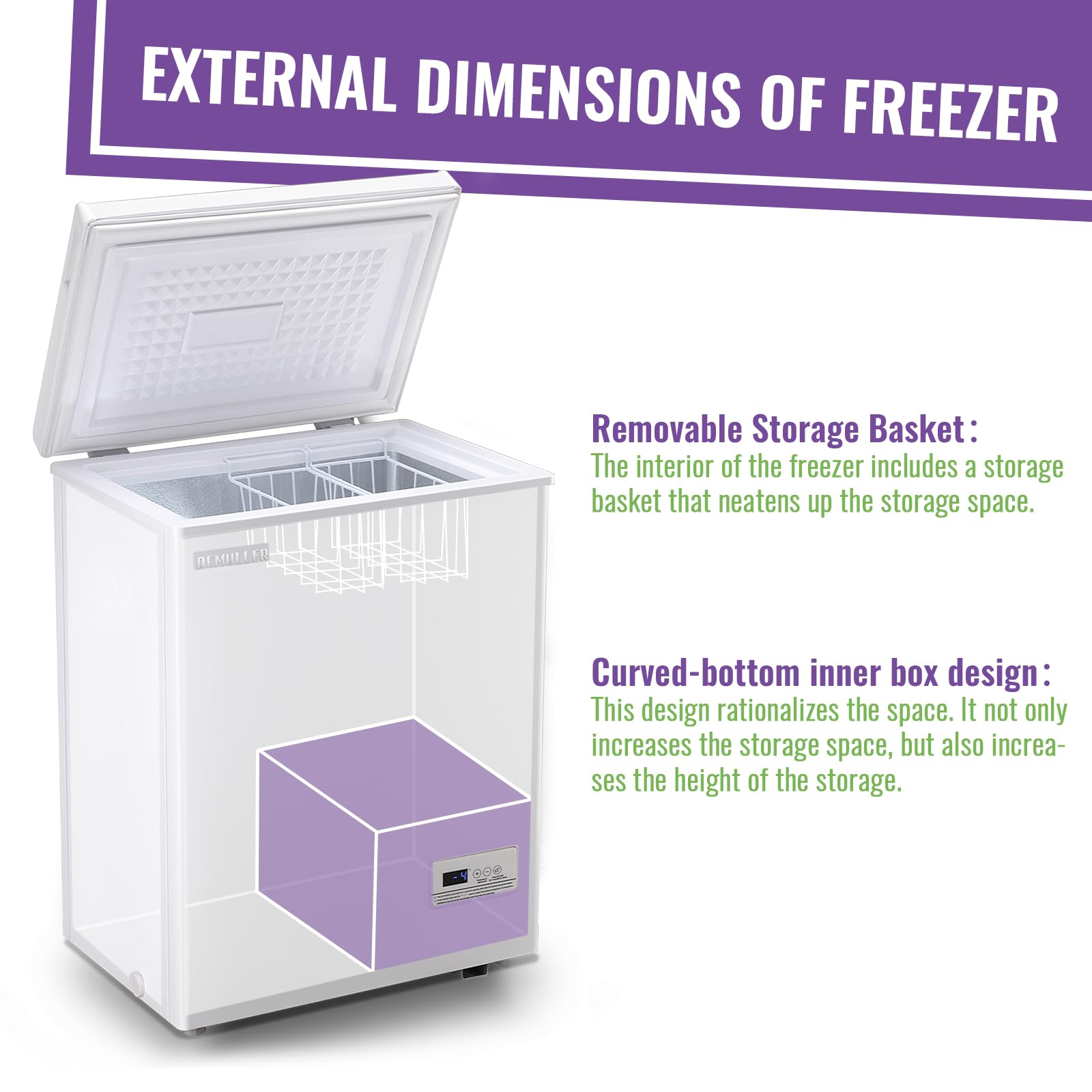 DEMULLER Chest Freezer 3.5 CU.FT Small Deep Freezer Compact Freezer Freestanding with Electronic Control Panel Top Open Door Freezer with 2 Removable Baskets for Apartment Dorm Office White