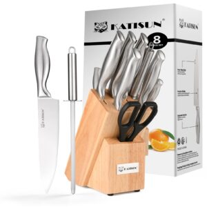 katisun 8 piece german steel knife set with block, ergonomic handle chef knives, sharpener and shears for chopping, slicing and cutting