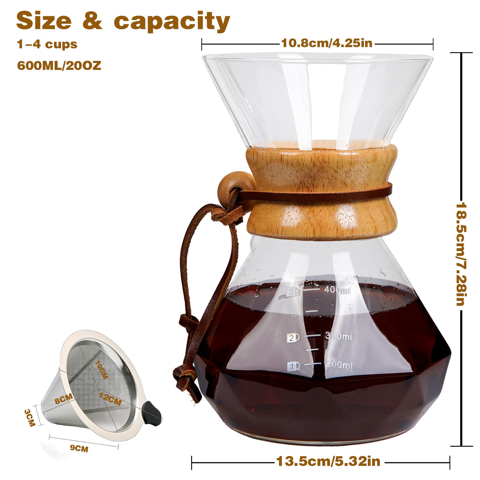 COFISUKI Pour Over Coffee Maker with Reusable Stainless Steel Drip Filter, Lead-Free Borosilicate Glass Coffee Carafe with Modern Wooden Collar for 1-2Cup, Diamond Clear (400ml/13.5oz)