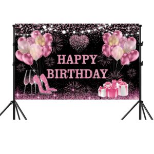 YinQin 180x120 cm Pink Gold Happy Birthday Backdrops Cloth 71x47 in. Birthday Photography Backgrounds Glitter Black Rose Gold Birthday Banners Rose Gold Happy Birthday Sign Decoration for Women Girl