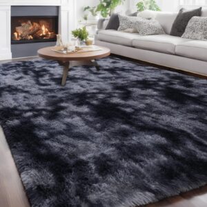 hojarugg ultra soft rug for living room, 6 x 9 tie-dyed black plush fuzzy rugs machine washable, fluffy shag area rug furry rugs for bedroom, anti-skid indoor carpet nursery rugs for room home decor