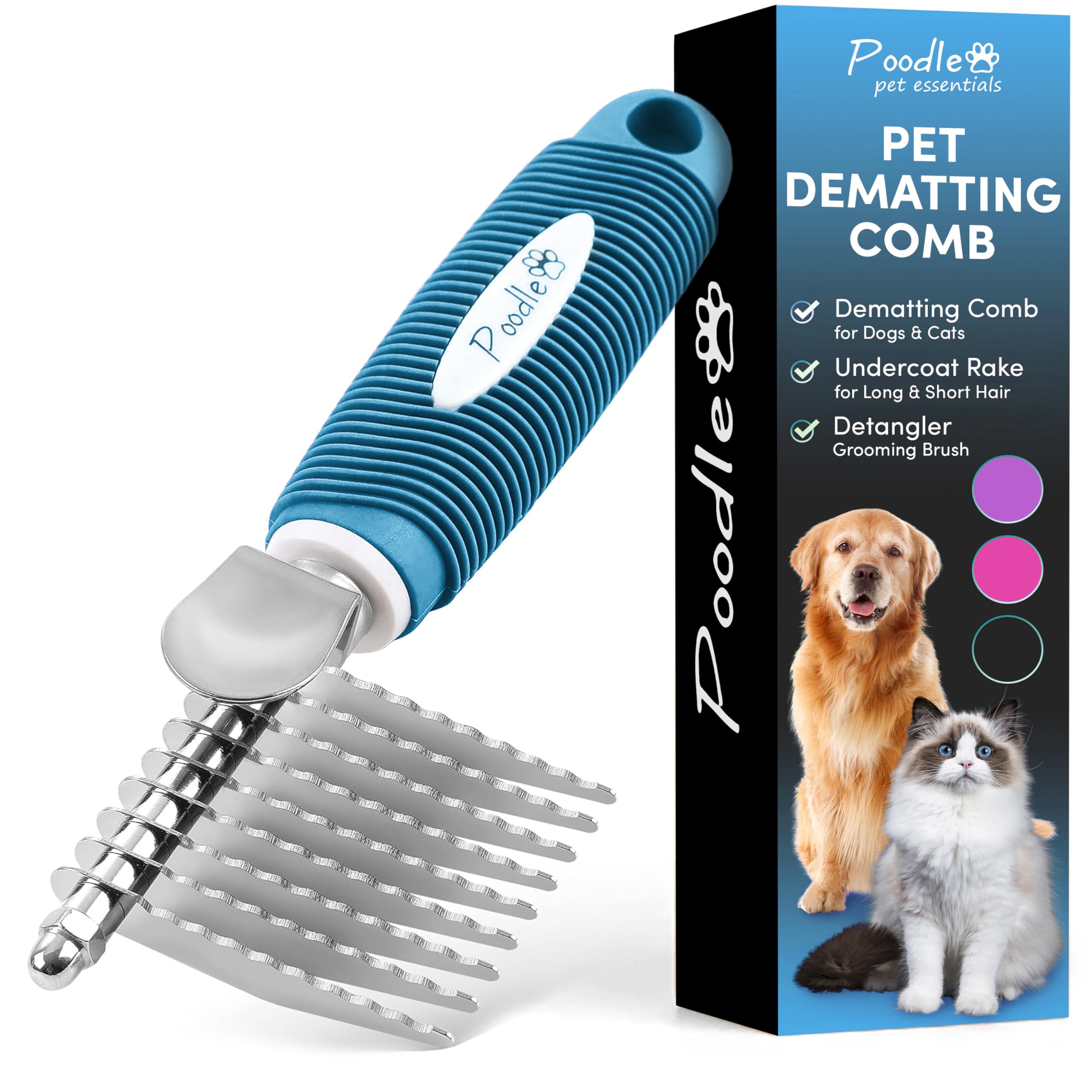 Poodle Pet Dematting Fur Rake Comb Brush Tool - Dog and Cat Comb with Long 2.5 Inches Steel Safety Blades for Detangling Matted or Knotted Undercoat Hair (Blue, Dematting Comb)