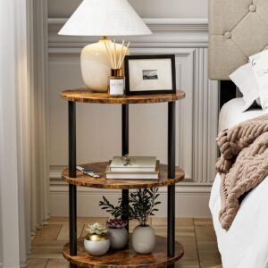 Frylr Round End Tables Living Room Set of 2 - Small Accent Table with Round Top for Stylish Bedside or Side Table Use in Small Spaces, Robust Metal Frame, Brown