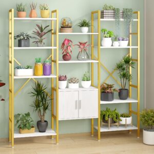 Yusong Bookshelf Triple Wide 5 Tier Bookcases with Storage Cabinet, Industrial Large Modern Tall Bookshelves with 12 Open Display Shelves for Living Room Office Bedroom, White Oak and Gold