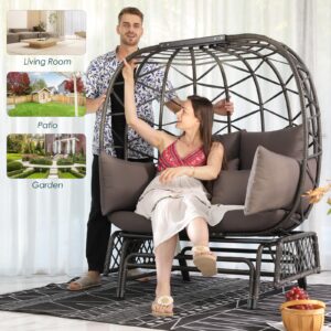 RADIATA Oversized Wicker Double Egg Chair w/ 7 Cushions 500lb Capacity Lounge Basket with Strong Heavy-Duty Steel Frame for Indoor Outdoor Patio Backyard Living Room (Gray)