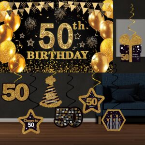 50th Birthday Decorations for Men Women,16PCS 50th birthday banner Party Decorations ,Including Happy 50th Birthday Banner,50 Anniversary Card,Cheers to 50 years banner,7 Hanging Swirl,6 paper Poms