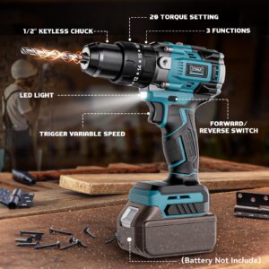 Cordless Power Drill for Makita 18v Battery: 3 Modes Electric Power Driver/Drill Kit Tool, 1/2 Inch Keyless Chuck Cordless Impact Drill Set, 20 Position, Variable Speed, for Home, Garden(No Battery)