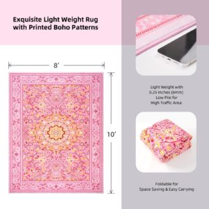 HOMETHIC 8x10 Area Rugs Machine Washable Boho Rug Oriental Floral Soft Indoor Carpet Low Pile Non Slip Large Rugs for Living Room Bedroom Office Dining Room Decor Aesthetic, Pink