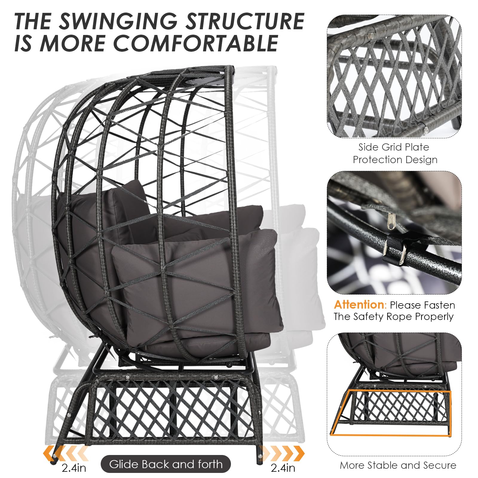 RADIATA Oversized Wicker Double Egg Chair w/ 7 Cushions 500lb Capacity Lounge Basket with Strong Heavy-Duty Steel Frame for Indoor Outdoor Patio Backyard Living Room (Gray)