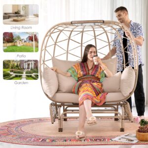 RADIATA Oversized Wicker Double Egg Chair w/ 7 Cushions 500lb Capacity Lounge Basket with Strong Heavy-Duty Steel Frame for Indoor Outdoor Patio Backyard Living Room (Beige)