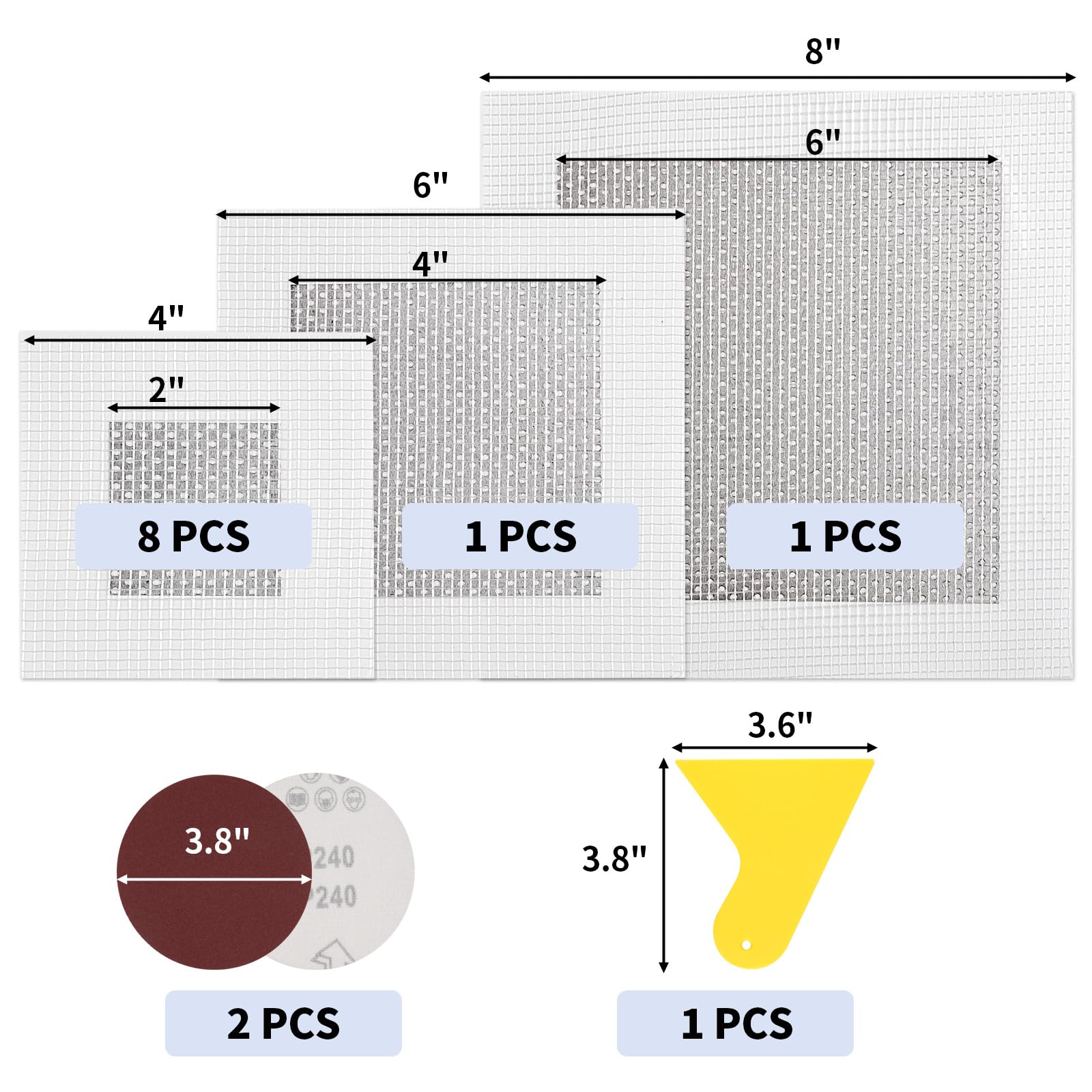 Drywall Repair Kit 10 PCS, 2/4/6 Inch Self-Adhesive Drywall Patch with Scraper and Sandpapers, Aluminum Wall Patch Repair Kit, Plasterboard Hole Repair Kit for Fixing Dry Wall Holes