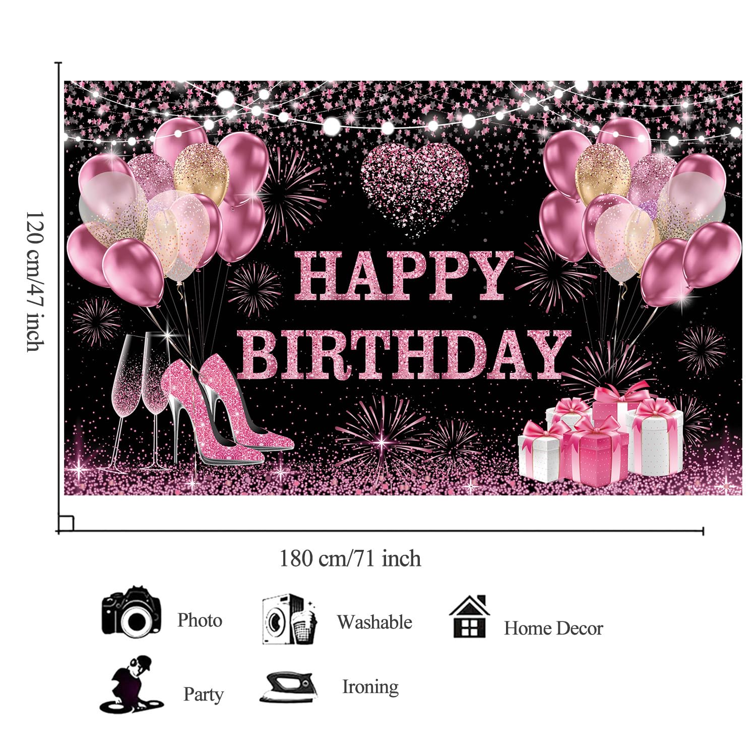 YinQin 180x120 cm Pink Gold Happy Birthday Backdrops Cloth 71x47 in. Birthday Photography Backgrounds Glitter Black Rose Gold Birthday Banners Rose Gold Happy Birthday Sign Decoration for Women Girl