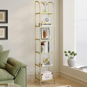 hzuaneri bookcase bookshelf, tempered glass arched bookshelf for more storage, slim shelving unit for bedroom, bathroom, home office, steel frame, 6 tier gold bc20699g