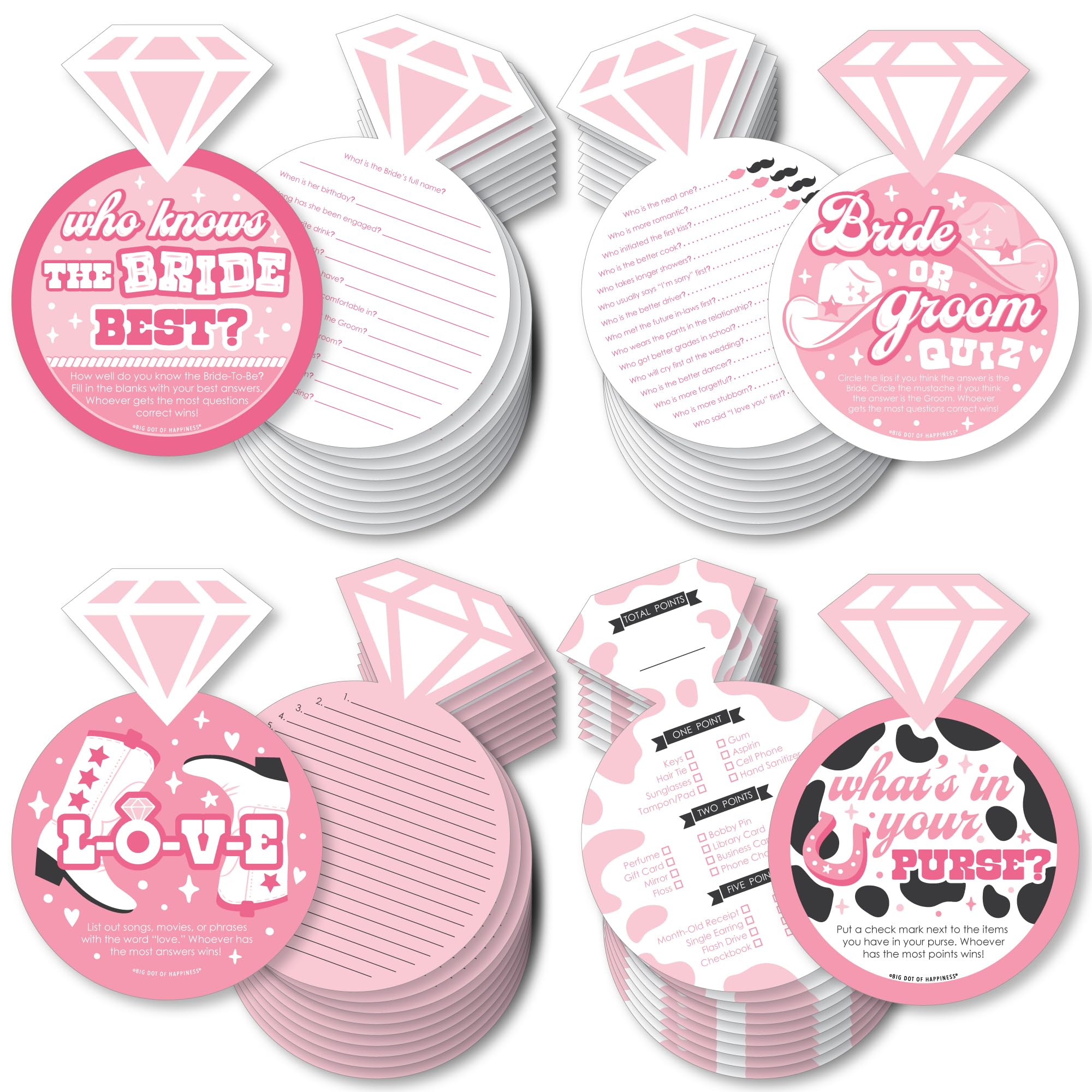 Big Dot of Happiness Last Rodeo - 4 Pink Cowgirl Bridal Shower Games - 10 Cards Each - Who Knows The Bride Best, Bride or Groom Quiz, What’s in Your Purse and Love - Gamerific Bundle