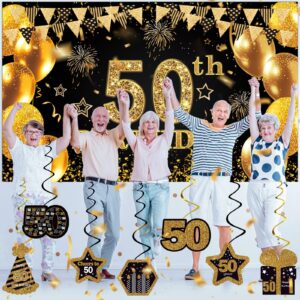 50th Birthday Decorations for Men Women,16PCS 50th birthday banner Party Decorations ,Including Happy 50th Birthday Banner,50 Anniversary Card,Cheers to 50 years banner,7 Hanging Swirl,6 paper Poms