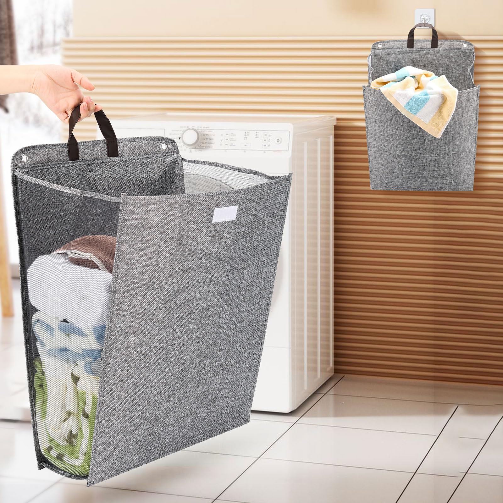 Genogore Hanging Laundry Hamper Bag, 3 Pack Collapsible Laundry Baskets with Lids and Over the Door Hooks, Laundry Bags for Laundry Room Bedrooms Bathrooms College Dorms