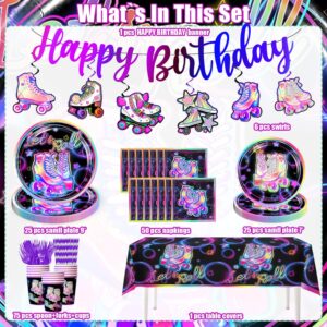 Yingoto 189pcs Roller Skating Party Supplies Tableware Set, Roller Skate Party Decorations Include Banner Plates Napkins Cups Tablecloth for Birthday Party, Serve for 25 Guests