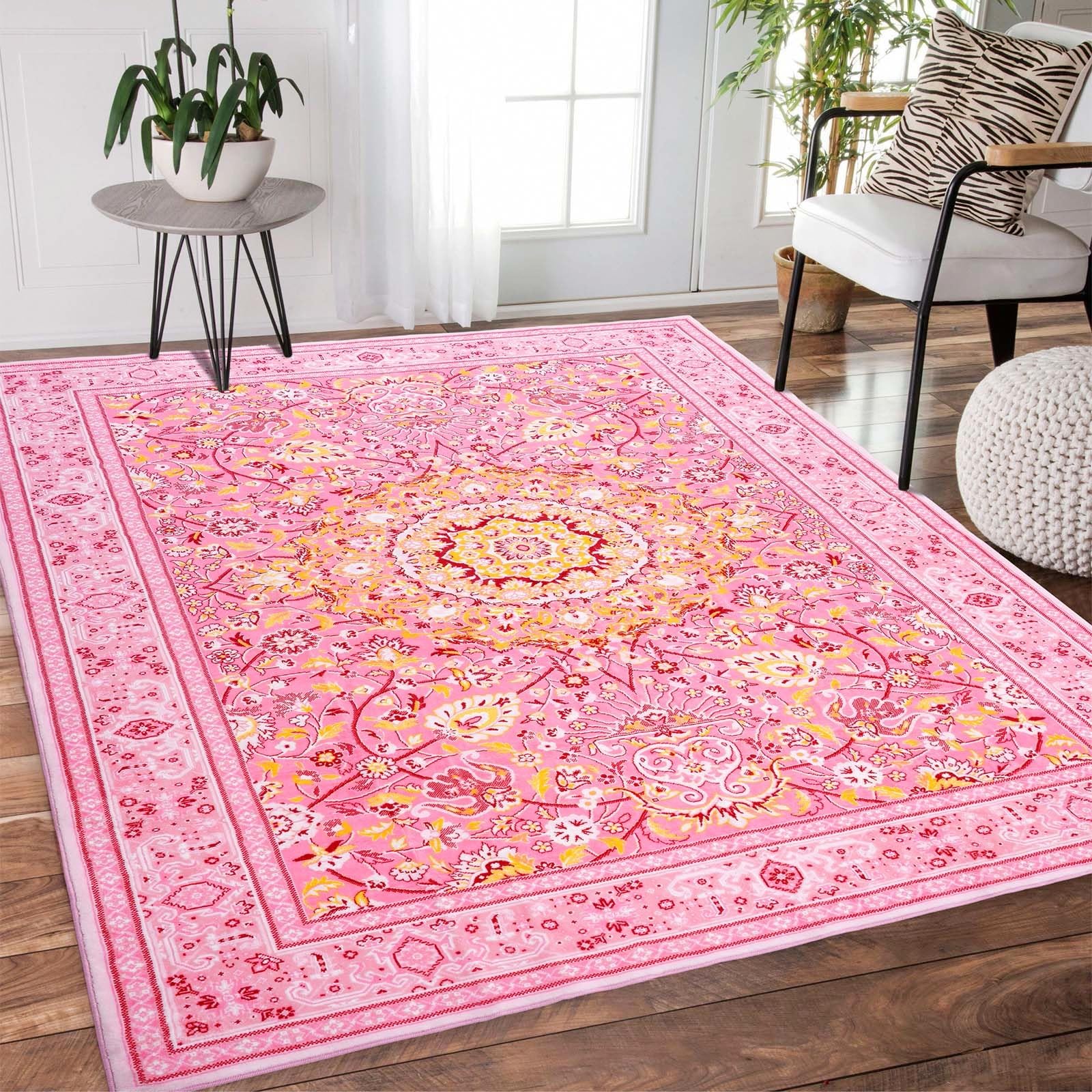 HOMETHIC 8x10 Area Rugs Machine Washable Boho Rug Oriental Floral Soft Indoor Carpet Low Pile Non Slip Large Rugs for Living Room Bedroom Office Dining Room Decor Aesthetic, Pink