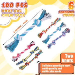 RoundFunny 100 Pieces Knot Rope Dog Toys Multi Color Puppy Knot Chew Toy Cotton Puppy Toys Dental Dog Teething Toys 2 Knot Dog Tug for Small and Medium Dogs Aggressive Chewers Supplies