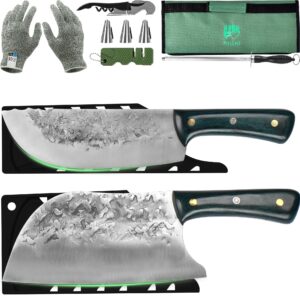 fullhi 9 pcs butcher knife set with knife bag and sheath - hand forged green handle chef knife high carbon steel cleaver knife set for kitchen camping bbq