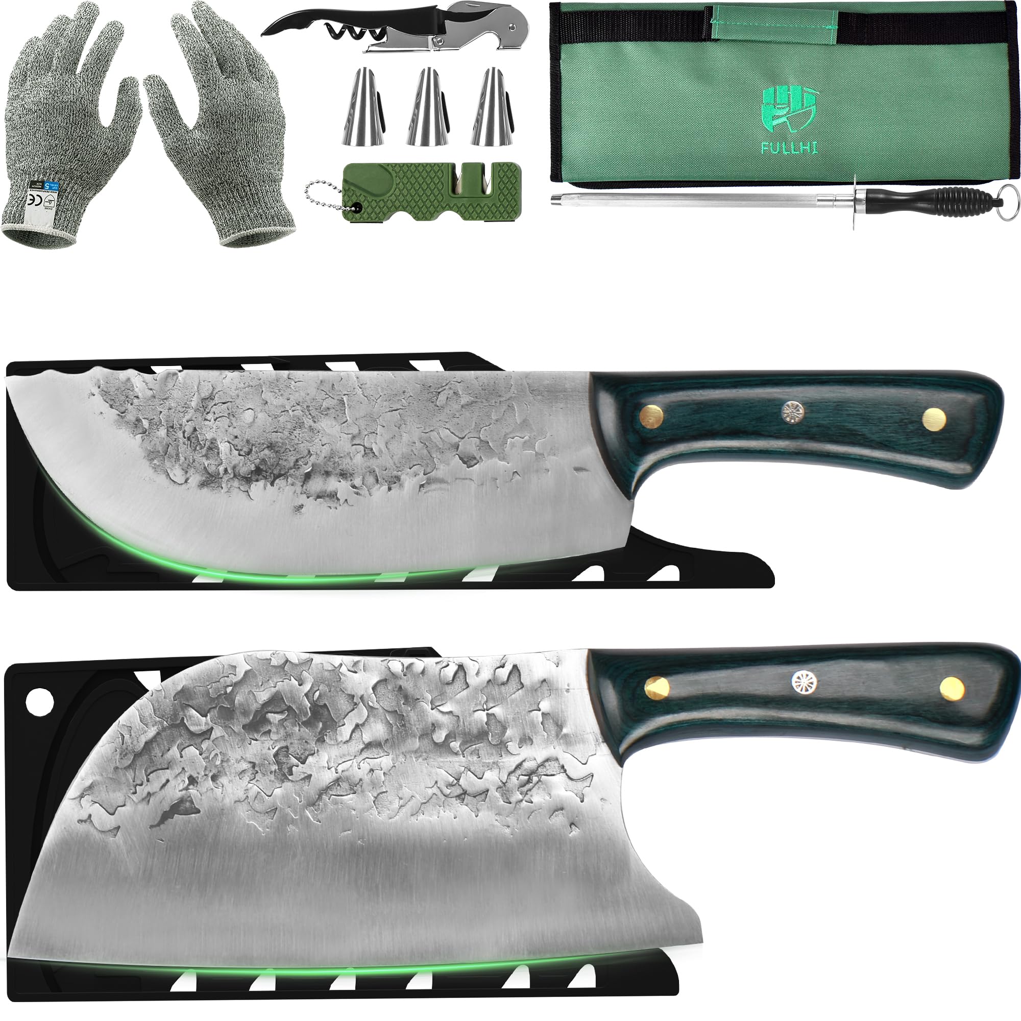 FULLHI 9 PCS Butcher Knife Set with Knife Bag and Sheath - Hand Forged Green handle Chef Knife High Carbon Steel Cleaver Knife Set for Kitchen Camping BBQ