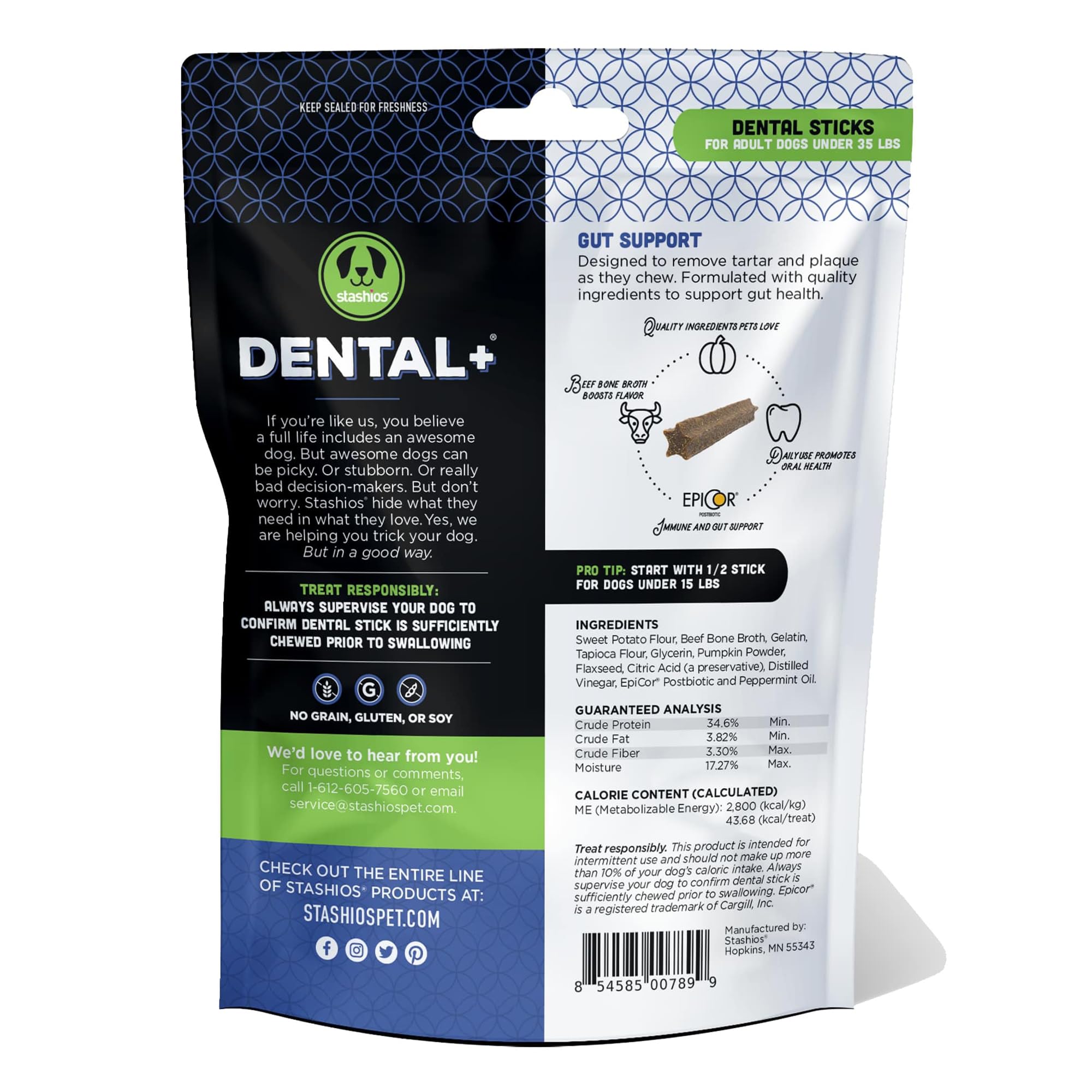 Stashios Dental+ Sticks for Dogs Under 35 lbs- Gut Support, with Beef Bone Broth, All Natural, EpiCor postbiotic, Made in The USA, Dental+ Bag, S/M - 7 oz.