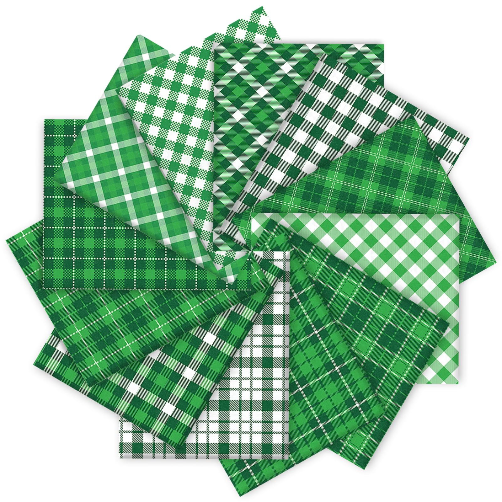 Whaline 12Pcs St. Patrick's Day Cotton Fabric Bundles Green Plaid Fat Quarters Buffalo Plaid Quilting Patchwork for Irish Holiday DIY Handmade Craft, 10 x 10 Inch