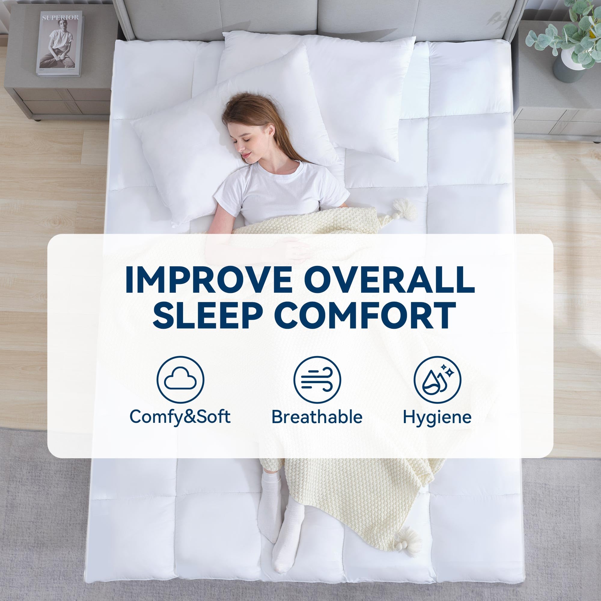 BDEUS Twin Mattress Topper, 1450 GSM Plush Pillow Top for Back Pain Relief, Quilted Fitted Mattress Protector with 8-21" Deep Pocket, Soft Mattress Pad Twin Size - 39"x 75" White