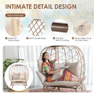 RADIATA Oversized Wicker Double Egg Chair w/ 7 Cushions 500lb Capacity Lounge Basket with Strong Heavy-Duty Steel Frame for Indoor Outdoor Patio Backyard Living Room (Beige)