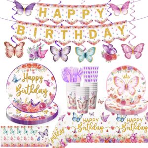 yingoto 164pcs butterfly birthday decorations tableware set, butterfly baby shower decorations, butterfly birthday party supplies tableware for girl baby shower birthday decorations