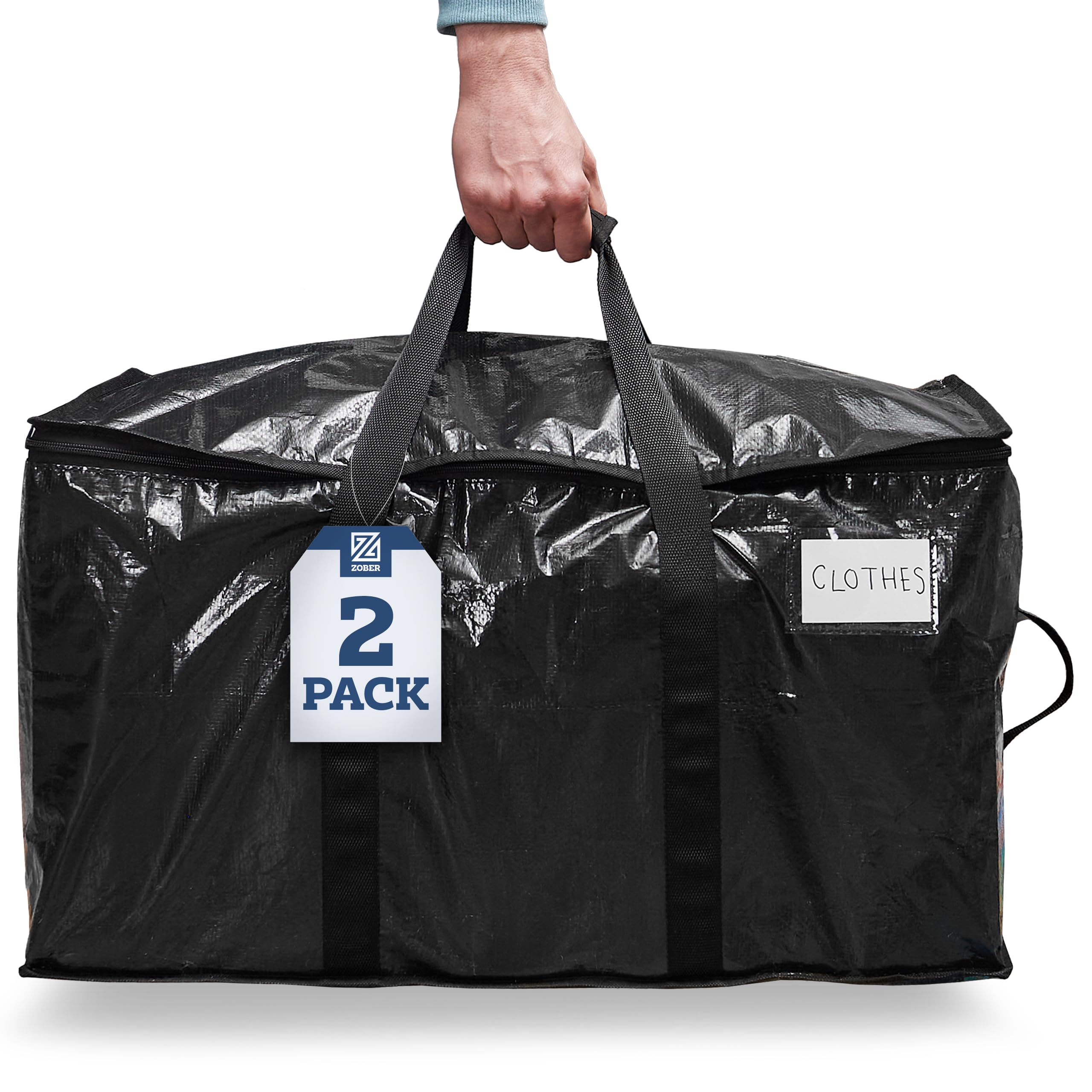 ZOBER Extra Large Moving Bags, Heavy-Duty Water-Resistant Storage Bags with Dual Zippers & Carrying Handles 2 Pack, 27" L x 14" W x 15" H