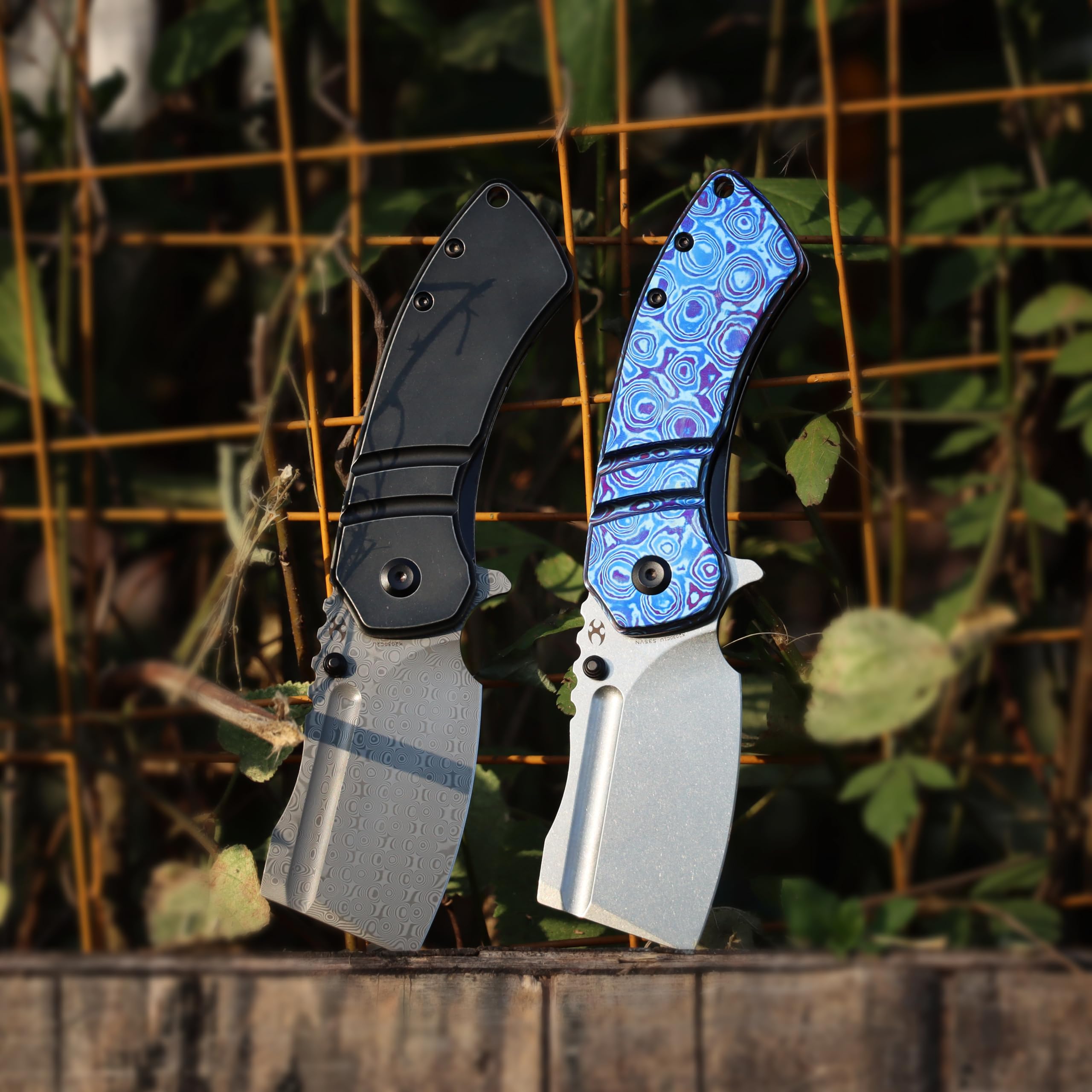 KANSEPT M+ Korvid Pocket Folding Knives Pocket Knife 3.07''Stonewashed CPM S35VN Blade,Timascus Handle,Cleaver Pocket Folding Knife for Everyday Carry K2030C1U