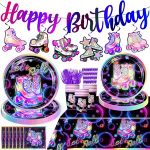 yingoto 189pcs roller skating party supplies tableware set, roller skate party decorations include banner plates napkins cups tablecloth for birthday party, serve for 25 guests