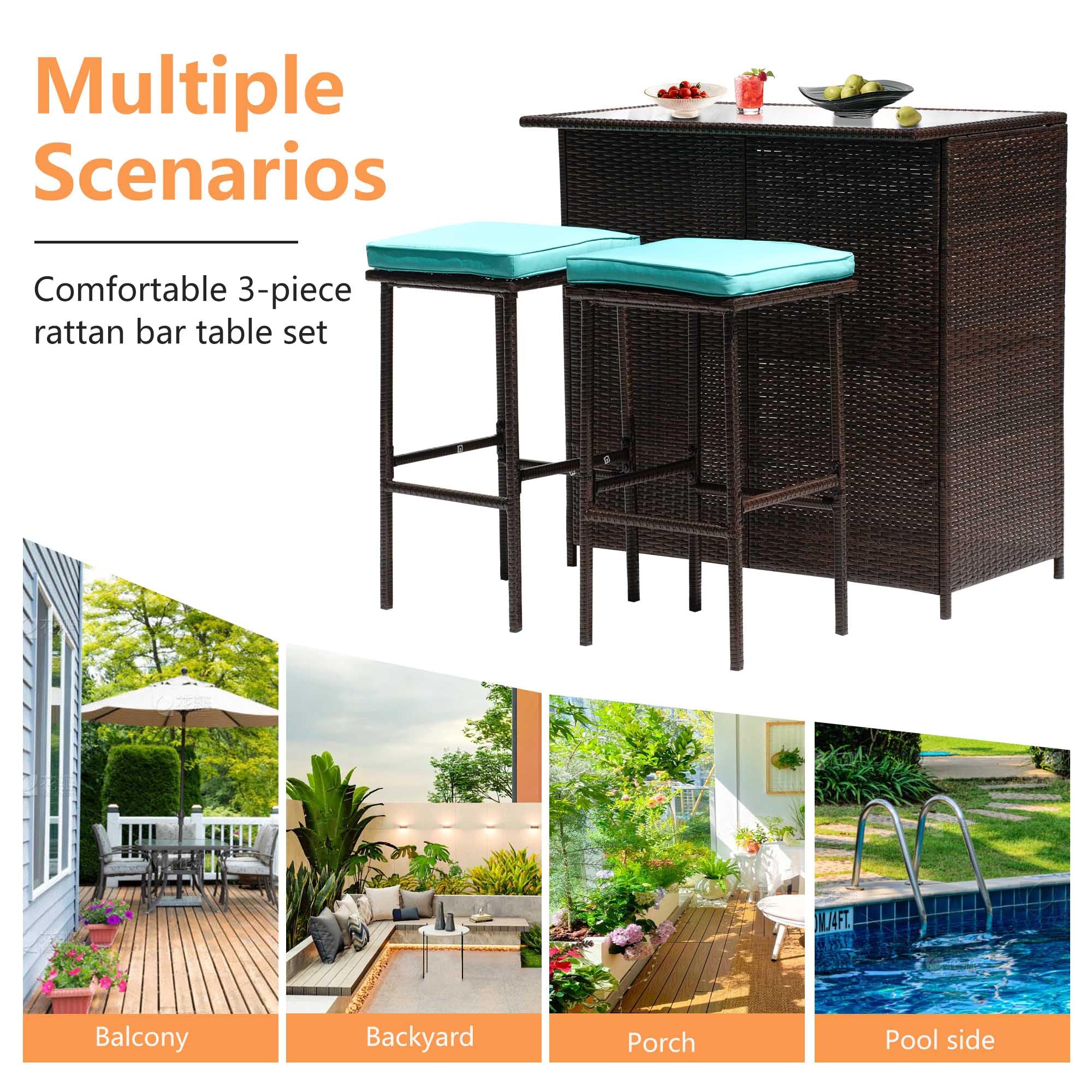 Set Of 3 Outdoor Bar Set Patio Wicker Counter Height Table Set Sturdy Frame Rattan Bar Table with Glass Table Top Storage Shelves 2 Bar Stools for Patio Poolside Porch Outdoor Indoor, Blue