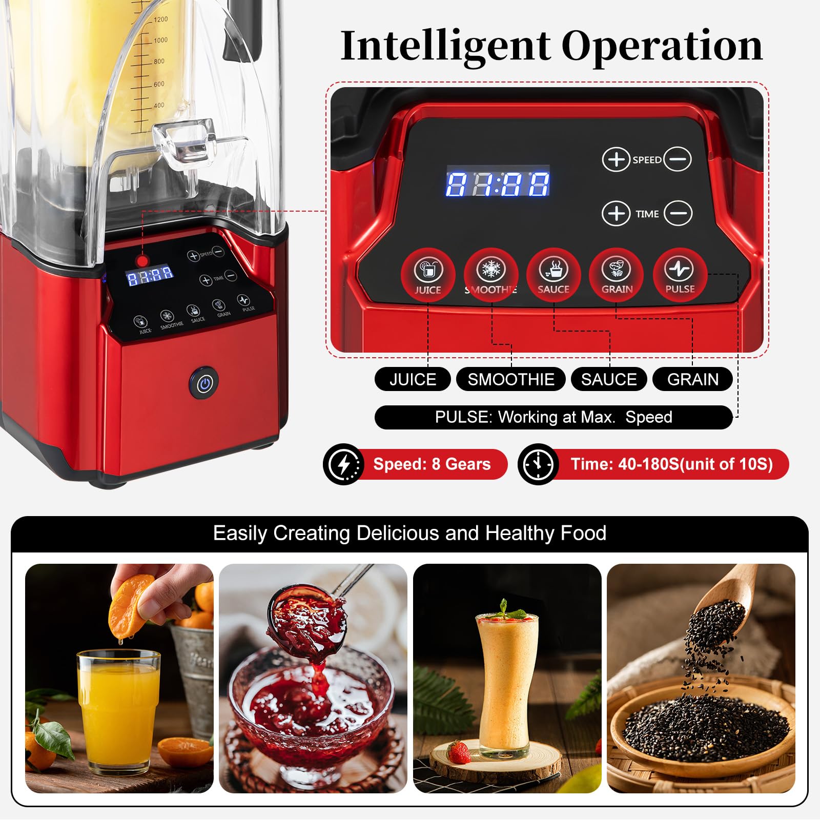 2.2L Smoothie Blender with 8 Gears Adjustable, 2200W Professional Countertop Blender with Removable Shield for Shakes and Smoothies, Puree, Crush Ice