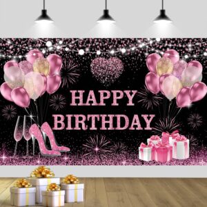 yinqin 180x120 cm pink gold happy birthday backdrops cloth 71x47 in. birthday photography backgrounds glitter black rose gold birthday banners rose gold happy birthday sign decoration for women girl