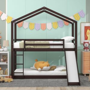 harper & bright designs house bunk bed with slide, solid wood kids bunk beds twin over twin with high guardrail, able to split, kids loft bunk bed for girls boys, easy assembly,espresso