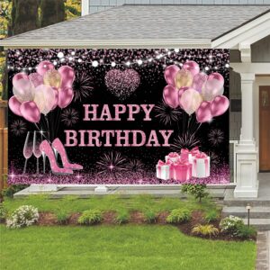 YinQin 180x120 cm Pink Gold Happy Birthday Backdrops Cloth 71x47 in. Birthday Photography Backgrounds Glitter Black Rose Gold Birthday Banners Rose Gold Happy Birthday Sign Decoration for Women Girl