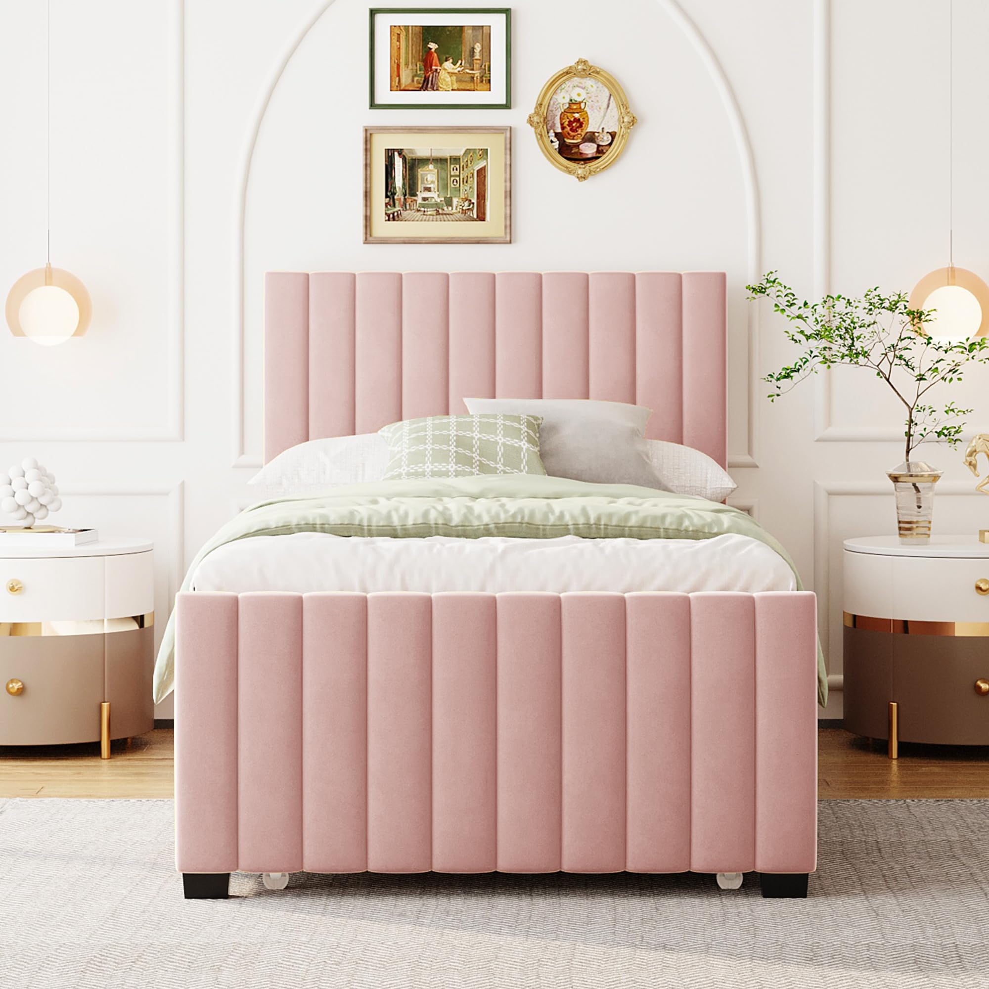 YOPTO Twin Size Upholstered Bed with Twin Size Trundle, Velvet Platform Bed Frame w/Headboard for Bedroom,No Box Spring Required,for Bedroom Guest Room,Pink